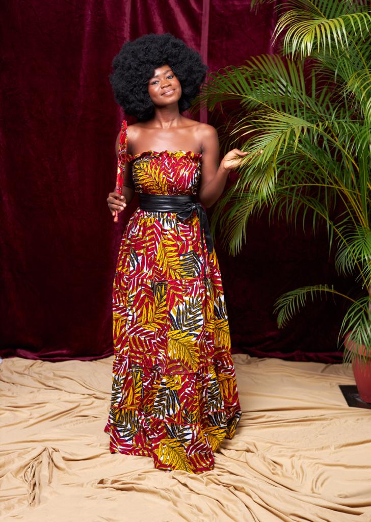Yellow, Red, Green And White Pattern Ankara Wax Print Tube Stretchy Maxi Flare Dress