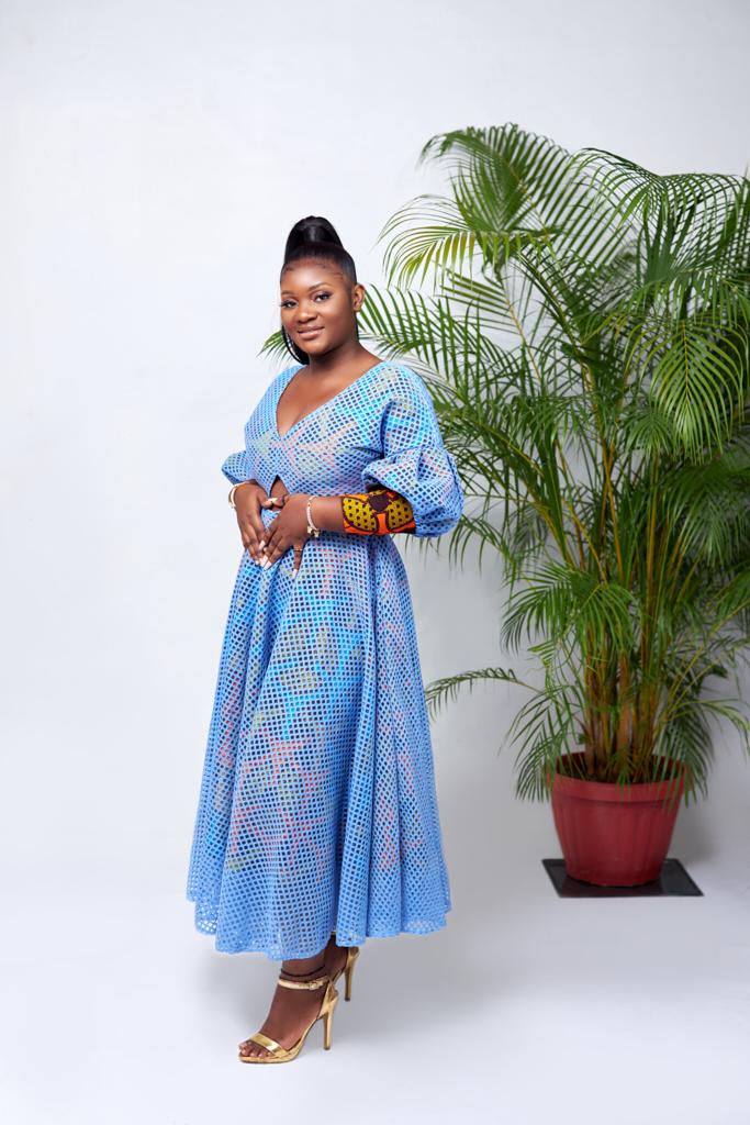 Blue Lace And A Blend Of Inner Yellow, Blue, Orange And Brown Ankara Print Buttoned Cuffs Puff long Sleeve Maxi Dress