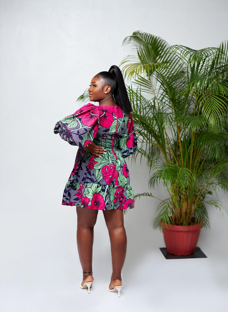 A blend of Green, Black, Blue And Pink Puff Mid Sleeve Ankara Print Mini Dress