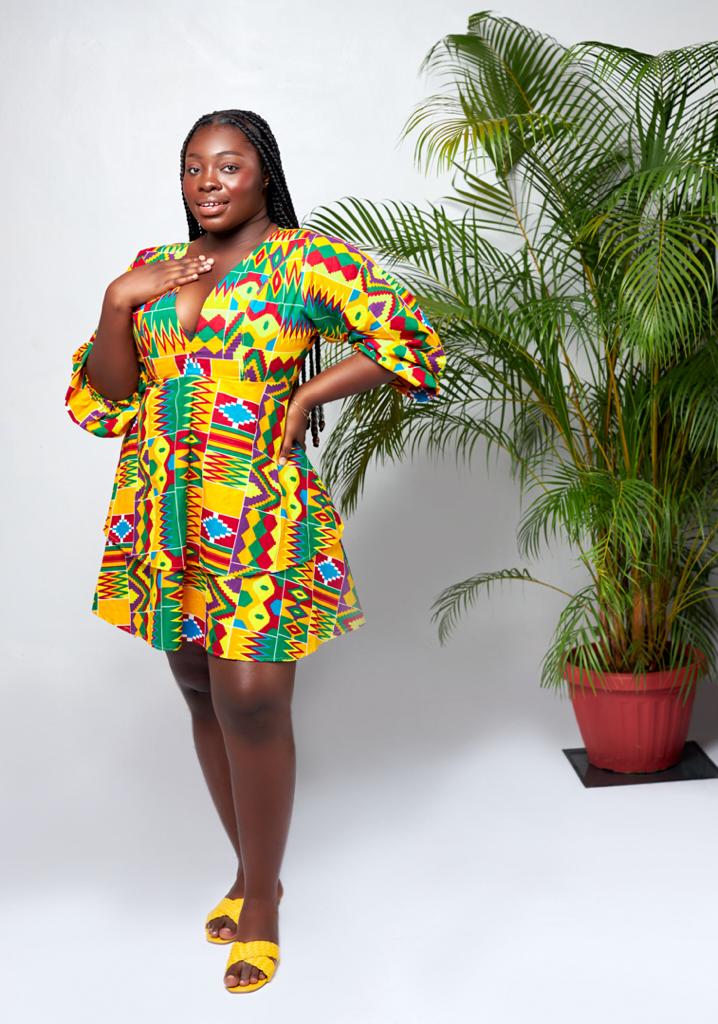 A Blend Of Yellow, Red, Purple, Blue And Green Kente Print V Neck Mid Puff Sleeve double Layered Midi Dress
