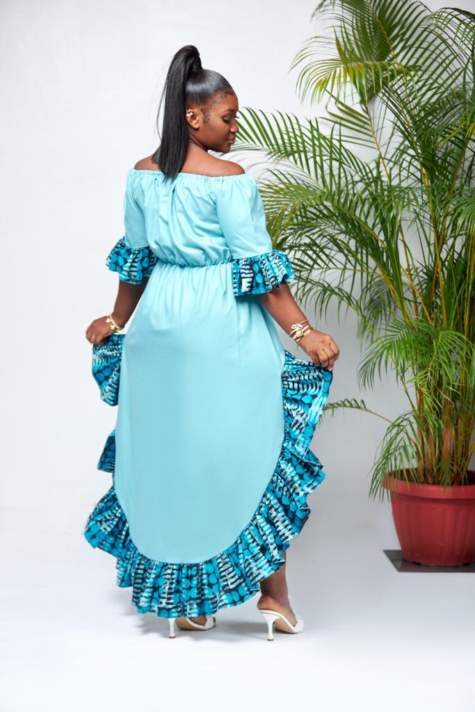 Mid Sleeve Off Shoulder Solid Blue With Blue Batik Fabric Design Edges Front Mid - Maxi Dress