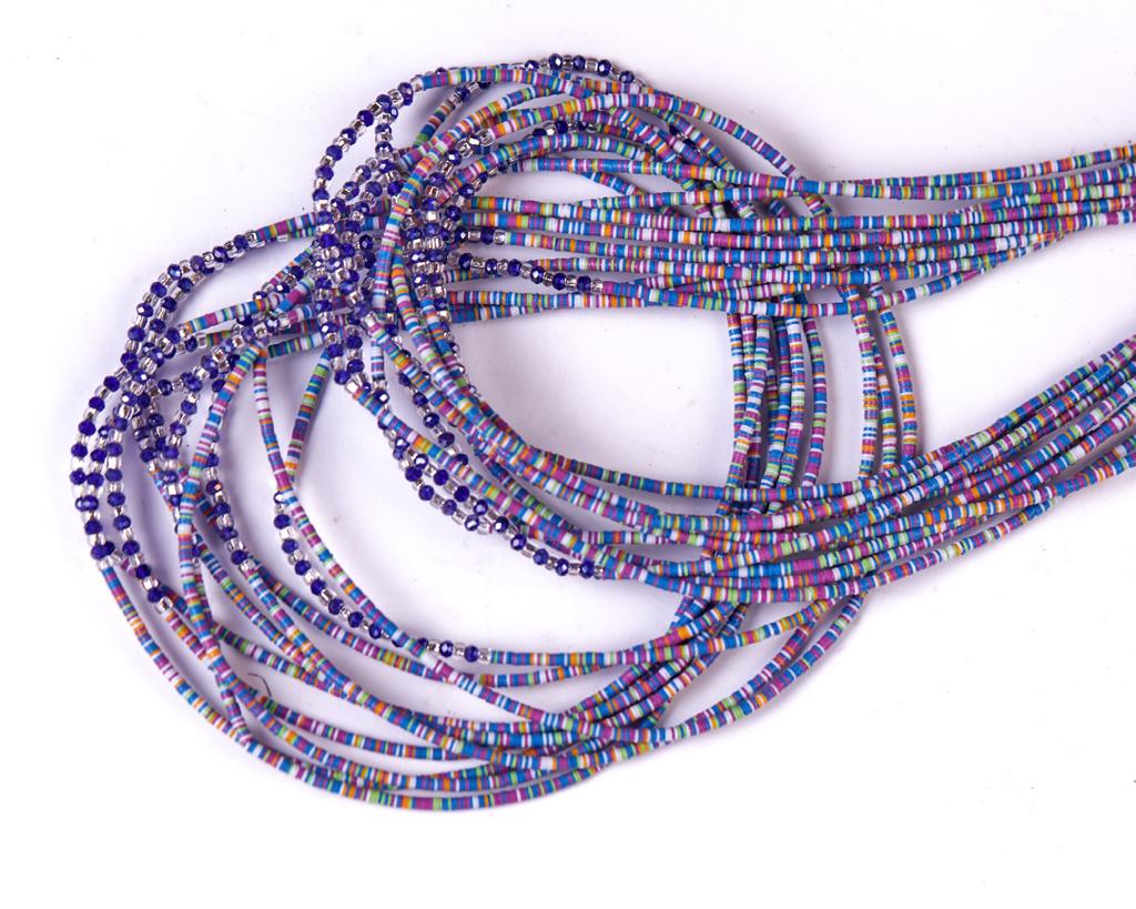48 Inches Pink ,White , Orange , Purple , Blue , Yellow And Green Vinyl Beads With Silver Glass Beads And Blue Pebble Bar Tie On Waist Beads