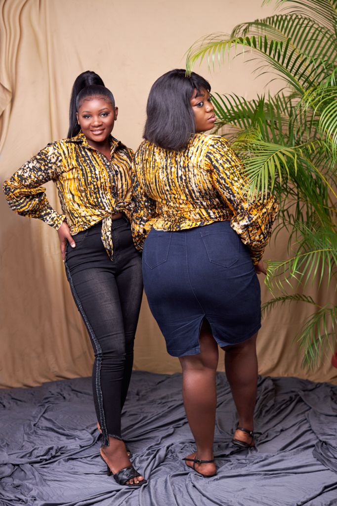 Yellow, Black and Dotted White Ghana Made Batik Tie Up Long Sleeve Puff Hand Top