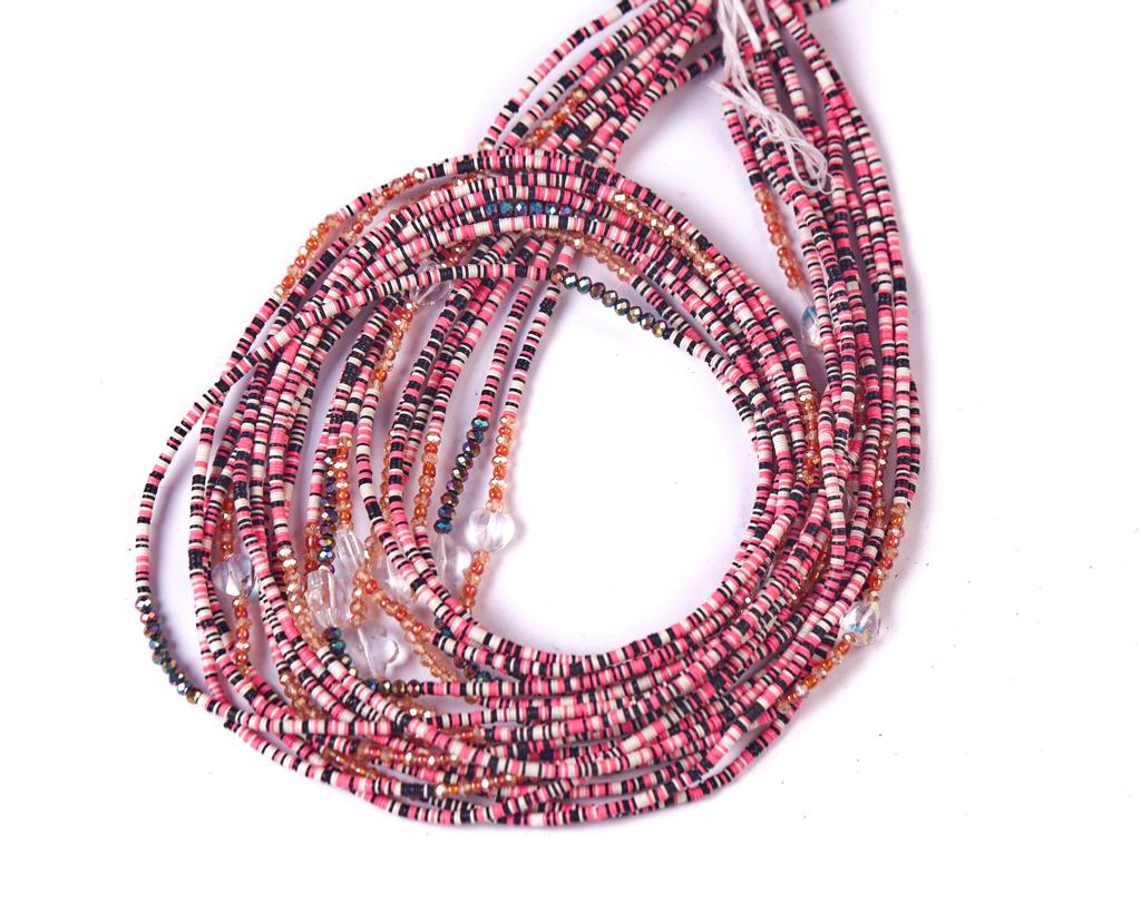 50 Inches Black White And Pink Vinyl Beads With Gold Glass And Clear Peeble Bar Tie On Waist Beads