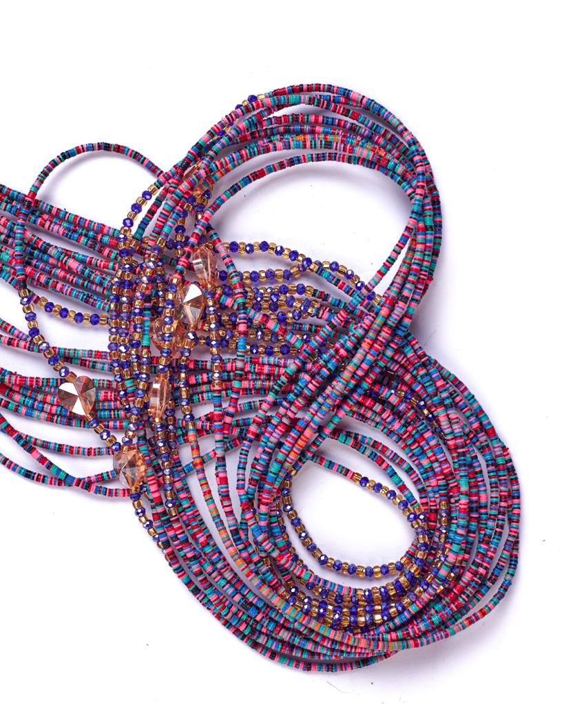 50 Inches Pink , Blue, Wine, Green , Red, Orange , And Black Vinyl Beads With Gold Glass Beads And Blue Pebble Bar Tie on Waist Beads