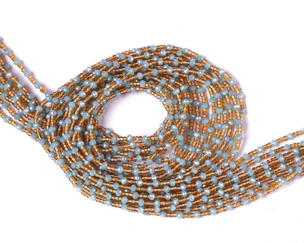50 Inches Gold Beads With Blue Pebble Bar Tie On Waist Beads