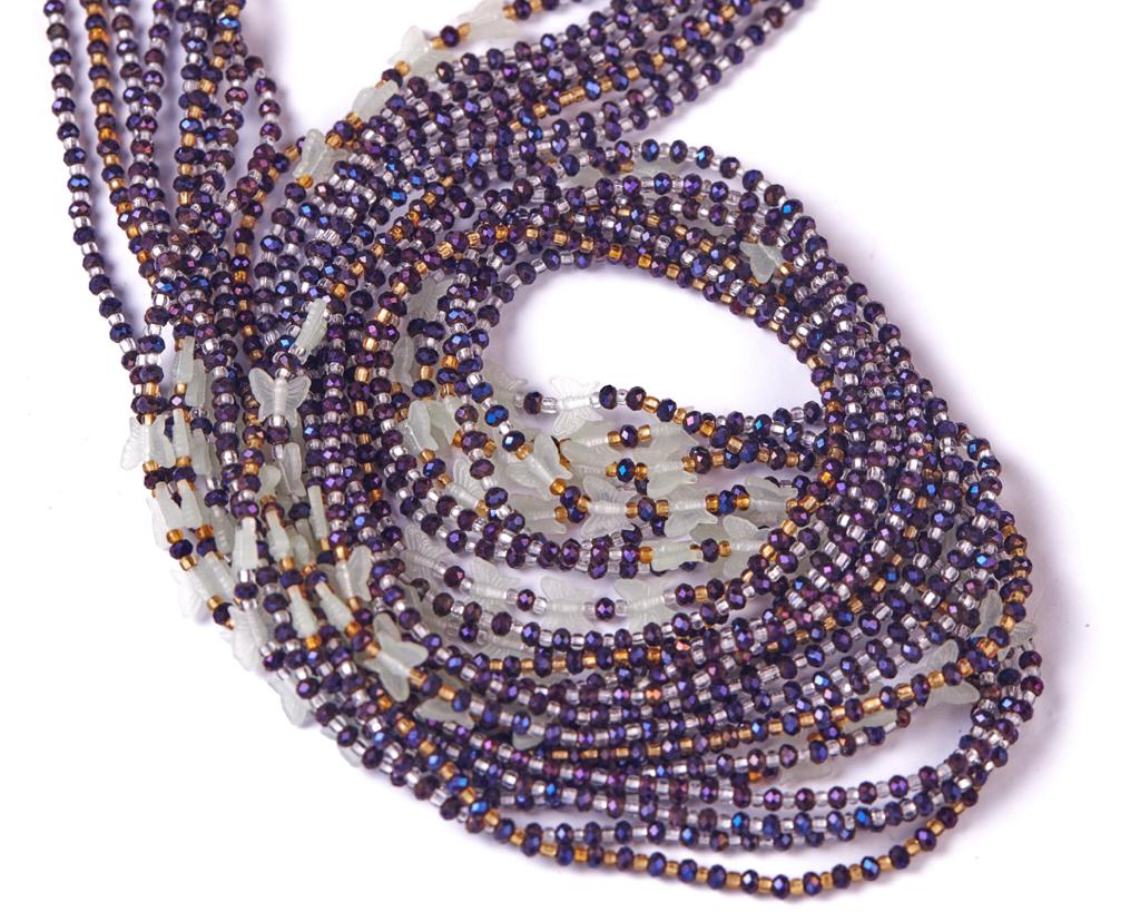48 Inches Silver And Gold Glass Beads With Purple  And Butterfly Pebble Bar Tie on Waist Beads