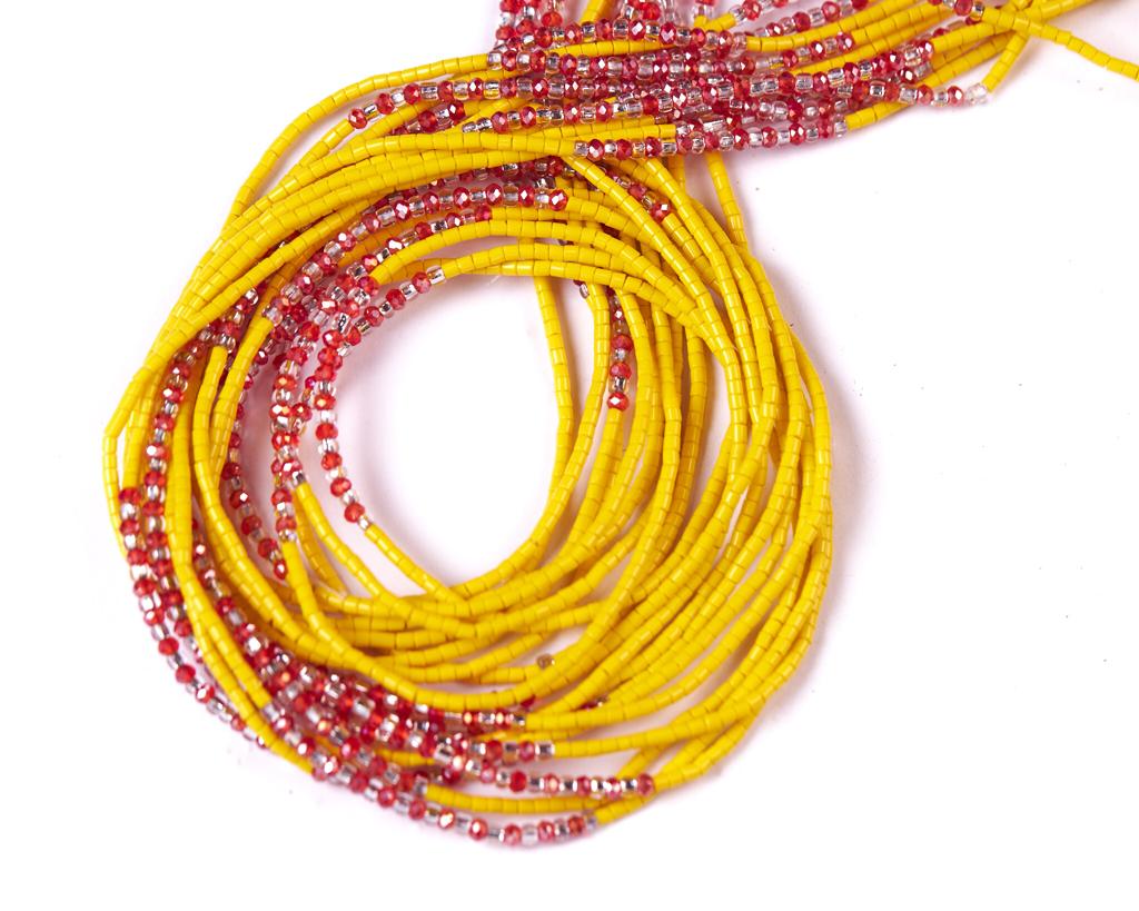 53 Inches Yellow Vinyl Beads With Clear Crystal Beads And Red Pebble Bar Tie On Waist Beads