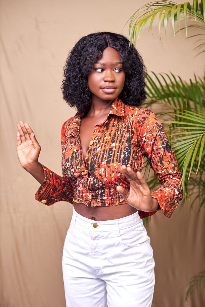 Orange, Black and Dotted White Ghana Batik Long Sleeve Tie Up Back Crop Top