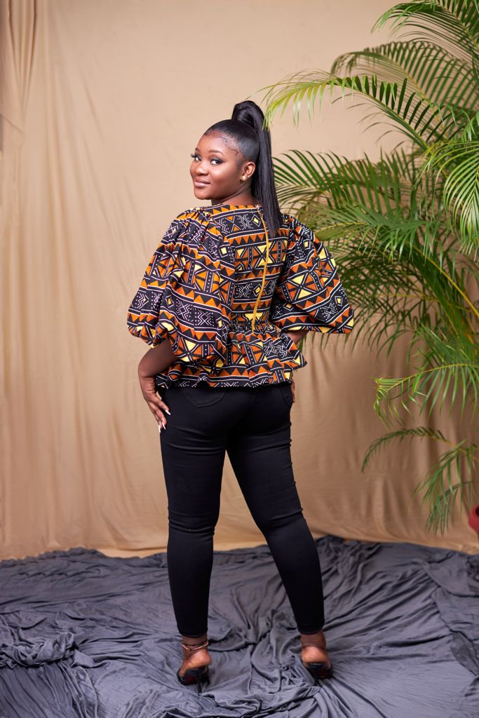 Ankara Black, Brown,Gold,And White Blend Coloured African Print V Neck Puff Hand Sleeve Top With Back Zipper,