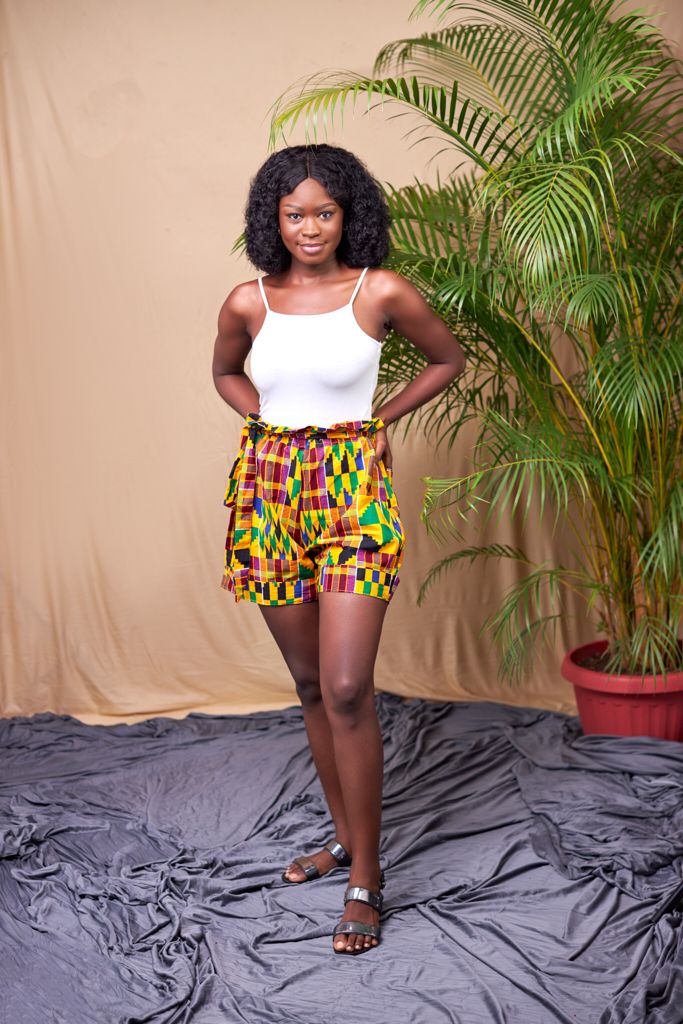 Red,Yellow, Green, Blue,And Black Coloured Ghanaian Kente Print High Waist Piper Shorts With Back Pockets And Belt