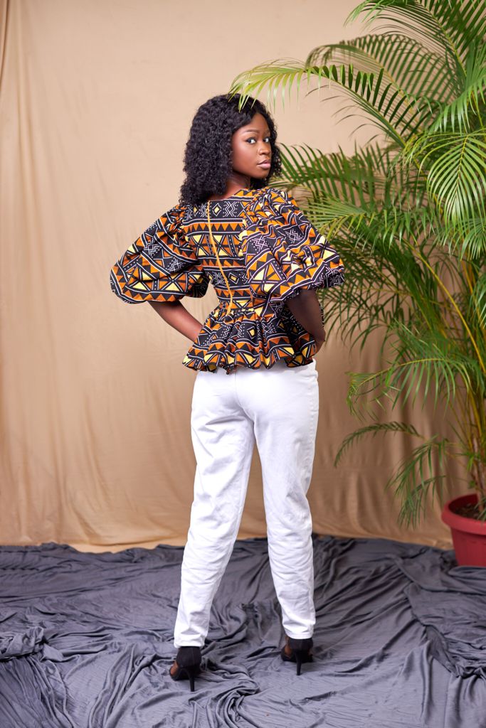 Ankara Black, Brown,Gold,And White Blend Coloured African Print V Neck Puff Hand Sleeve Top With Back Zipper,