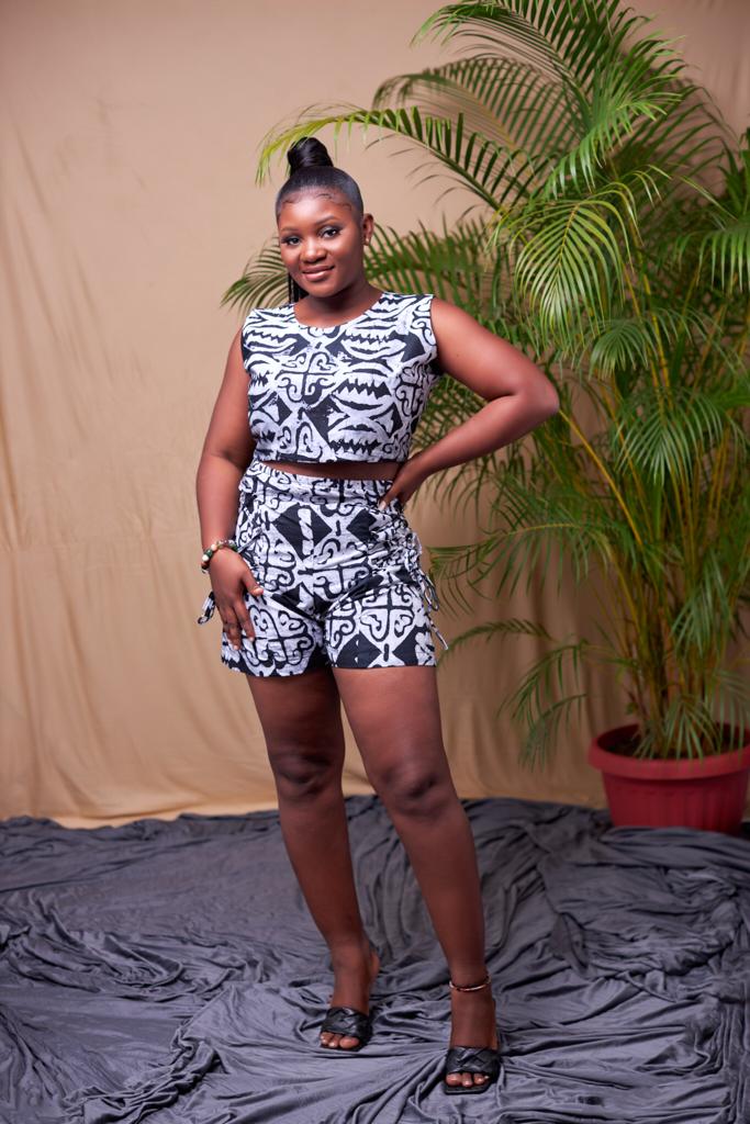 Black And White Ghana Batik Tie and Dye  2 Piece Set Crop Top And Lace Up High Waist Shorts