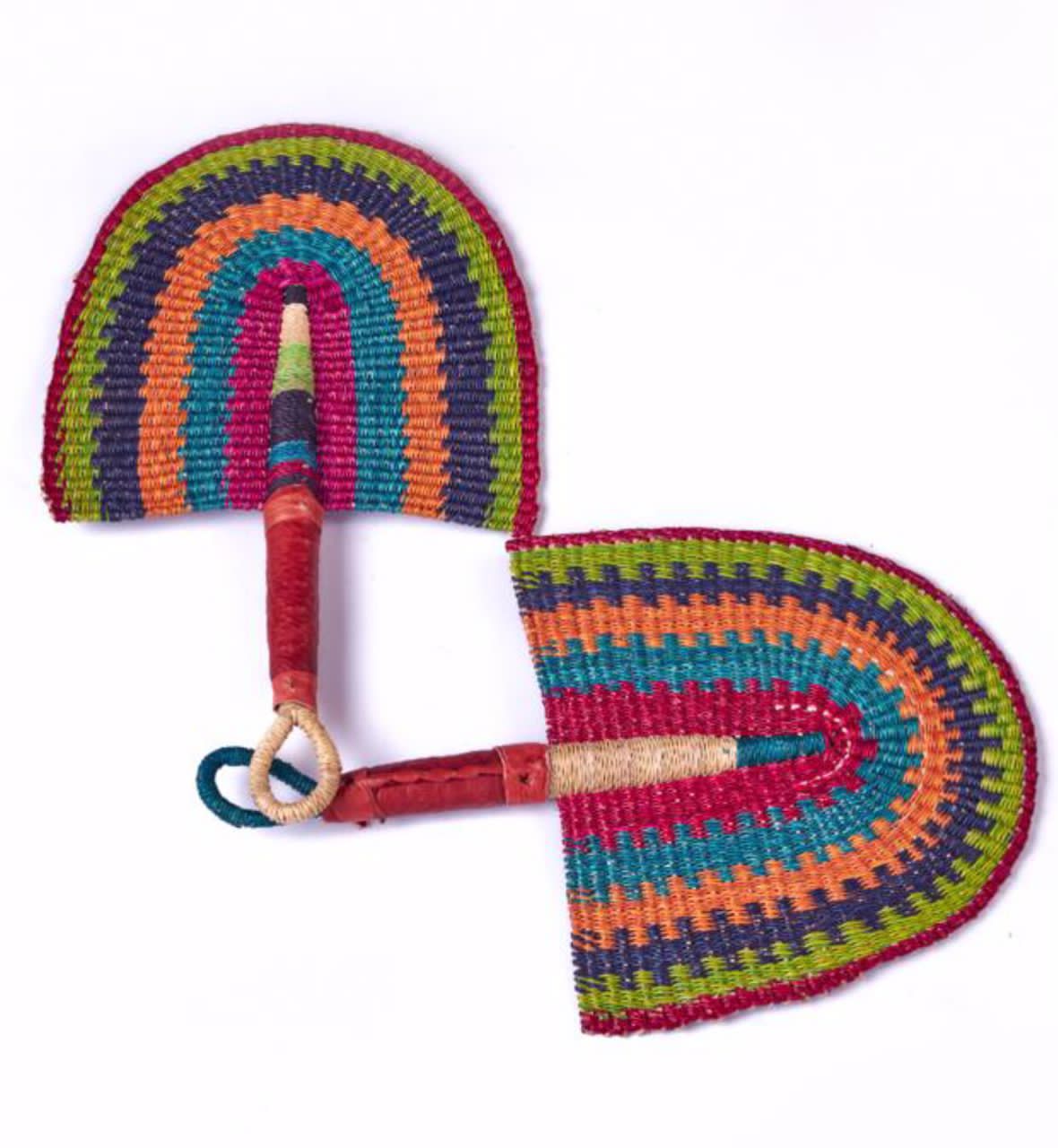 Orange,Blueblack, Green And Pink Beautifully Arranged Colours Fixed Crafted Ghanaian Northern Made Straw Woven Handfan With Leather Based Handle
