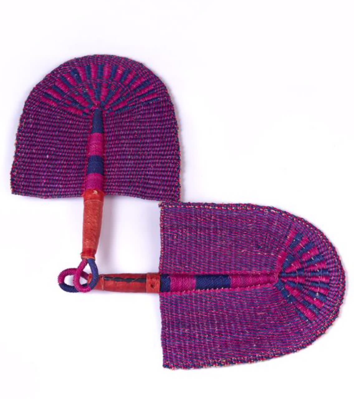 Pink Purple and Blue Coloured And Carefully Arranged Colours,Crafted Ghanaian Northern Made Straw Woven Handfan With Leather Based Handle