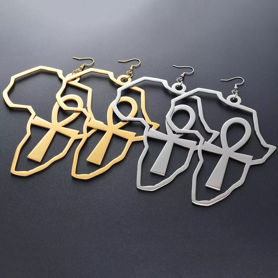 African Map Big Ankh Earings