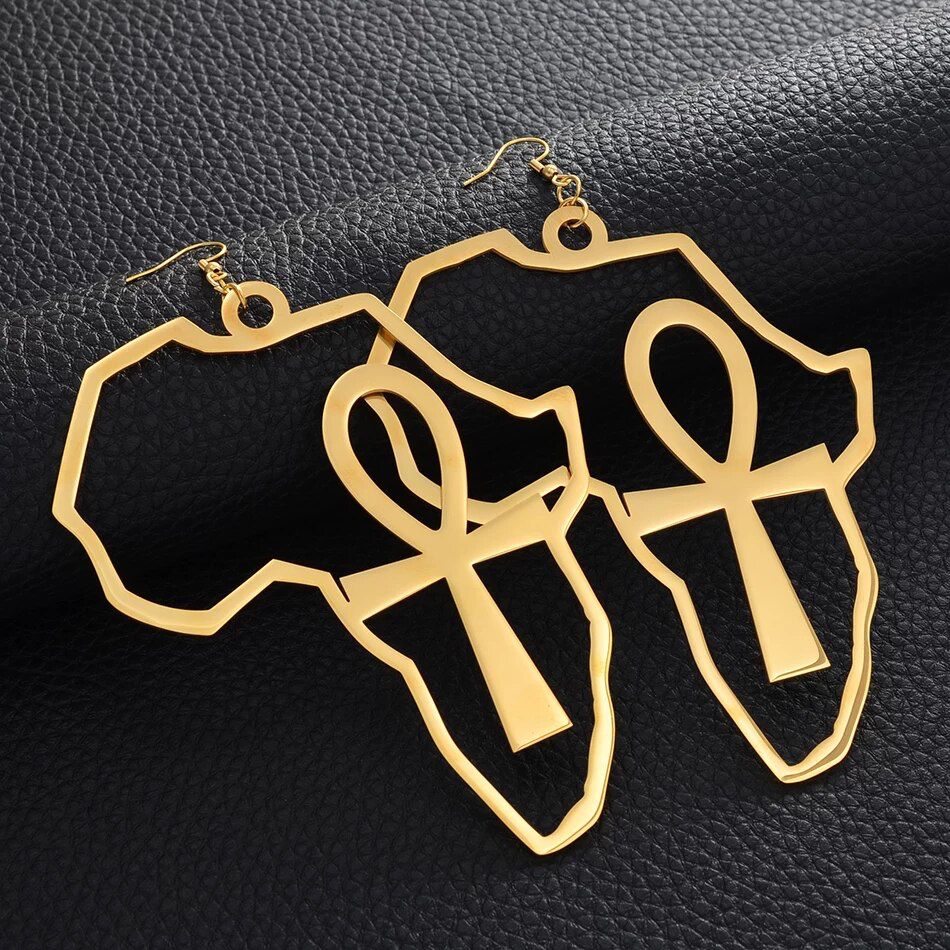 African Map Big Ankh Earings