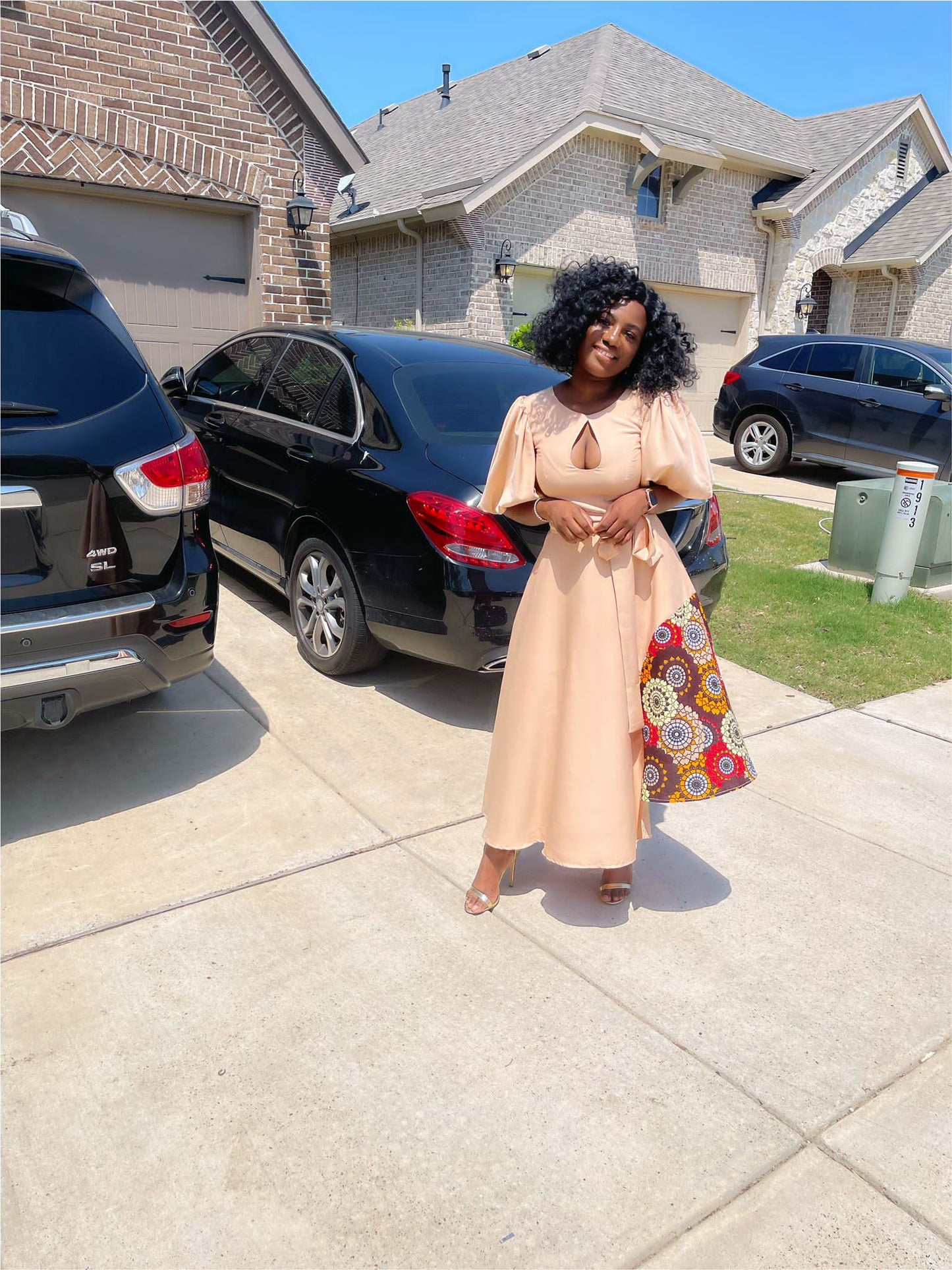 Rossette Flare Puff Hand Dress With Belt