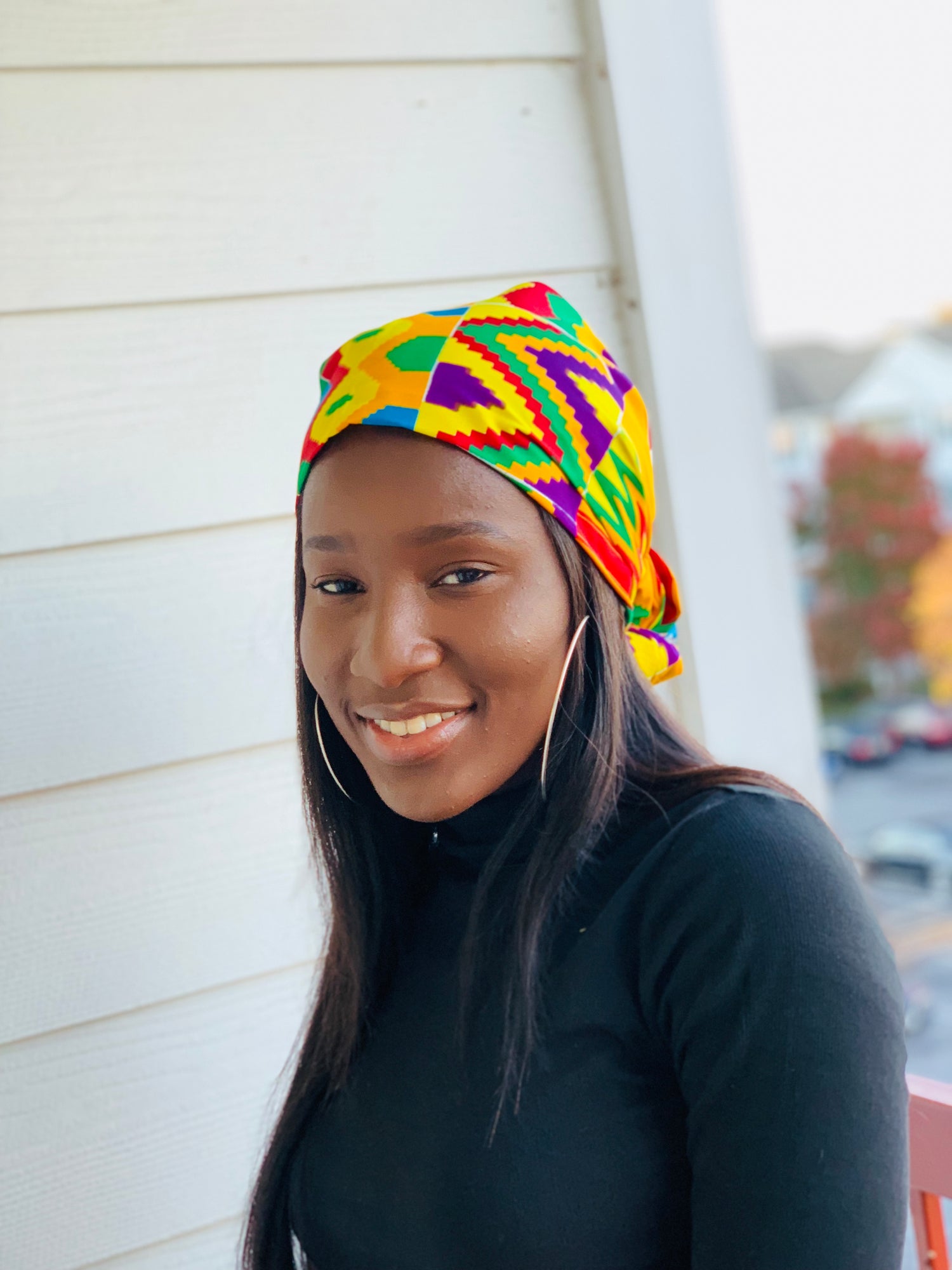 Purple, Yellow, Green, Red, And Blue Kente Print Silk Lined Detachable Head Wrap