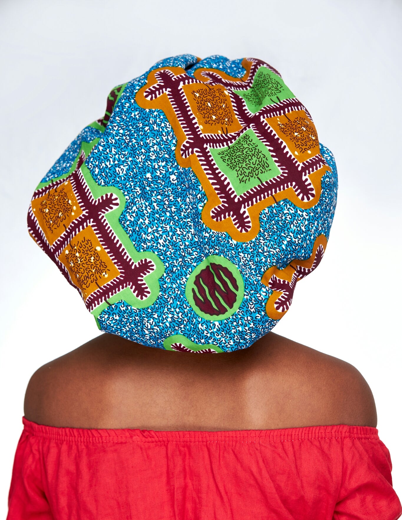 Blue, Green, White, And Brown Ankara Wax Print With Gold Silk Lined Hair Bonnet