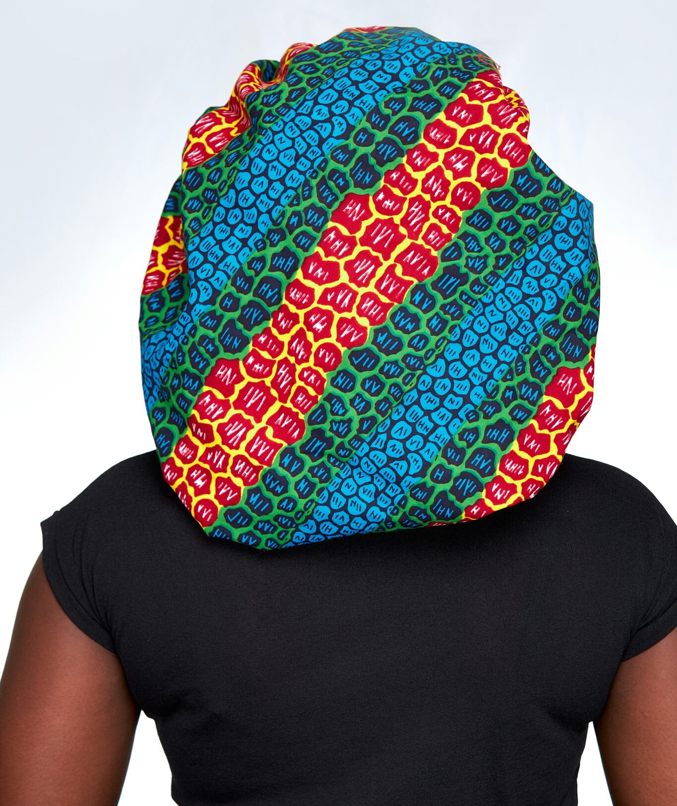 Yellow, Blue, Green, And Wine Ankara Wax Print With Blue Silk Lined Hair Bonnet