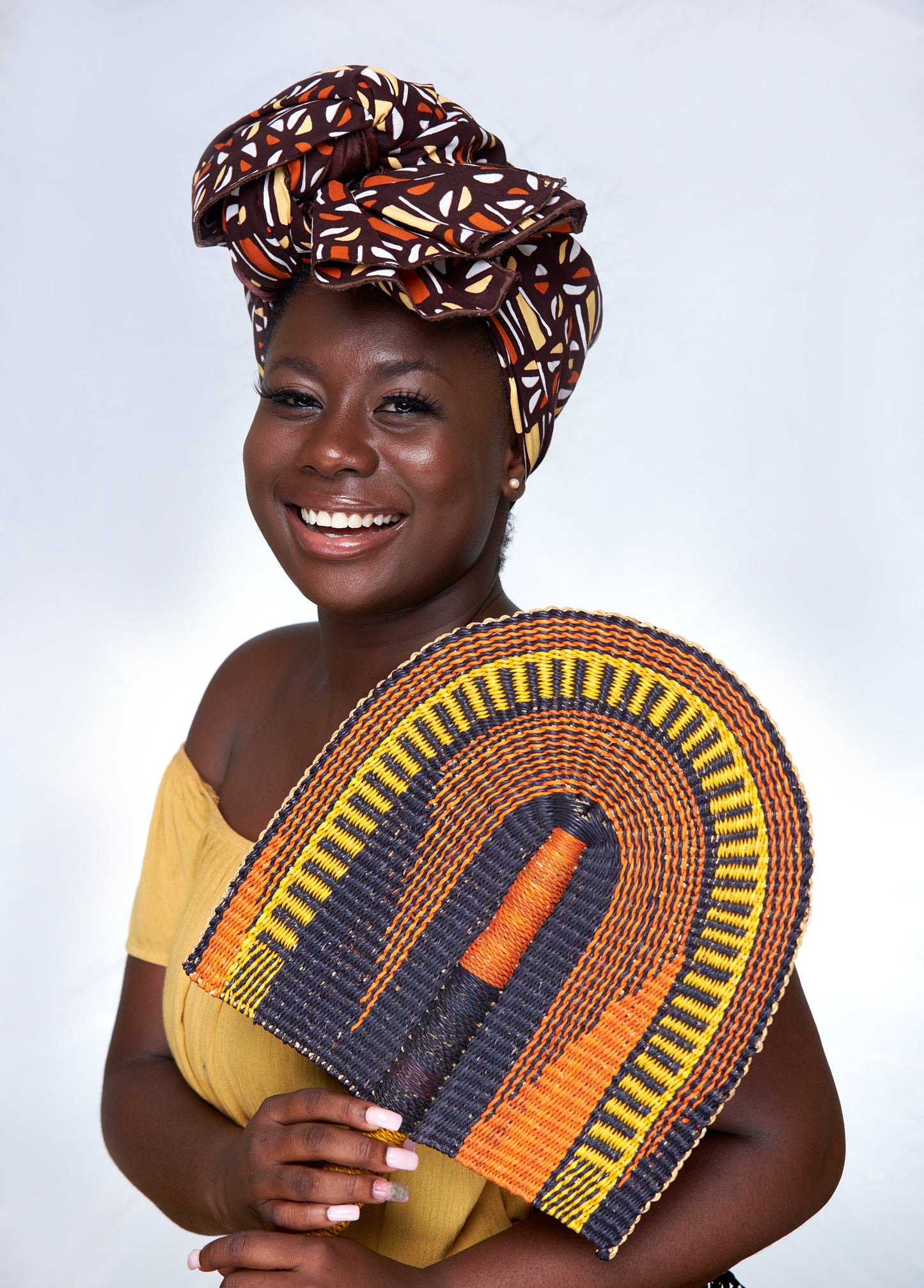 Brown, white and gold Coloured Well made Bogolan Print Detachable Silklined Headwrap