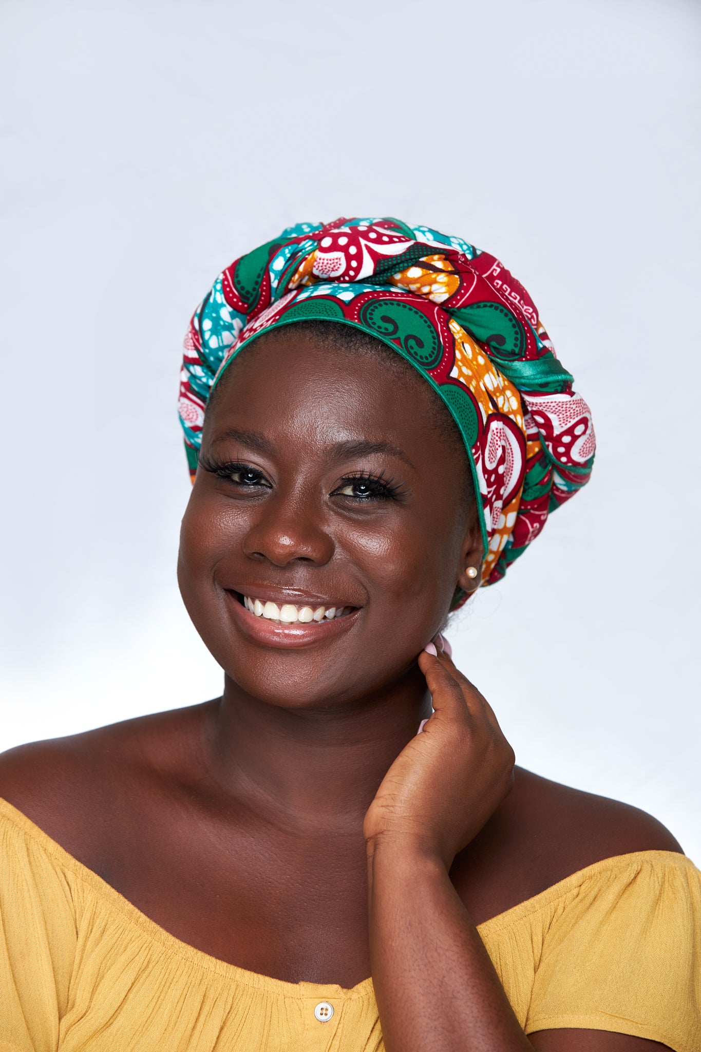 Ankara Cotton wax Print Made of Red, Orange,Green White,abd Seablue Colours Beautifully Arranged Detachable Silklined Headwrap