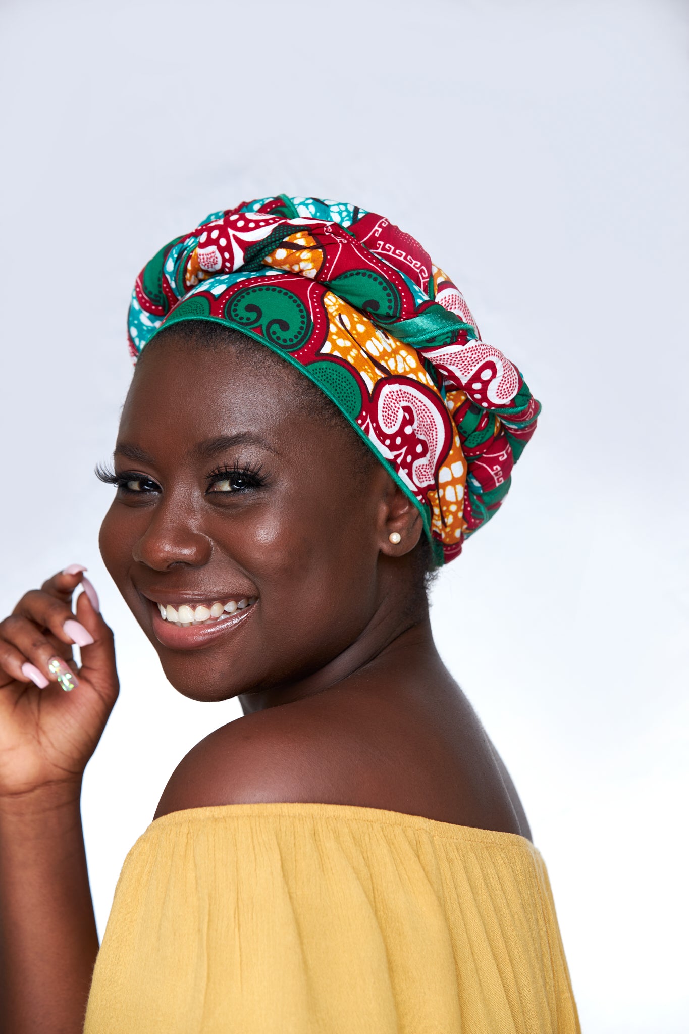 Ankara Cotton wax Print Made of Red, Orange,Green White,abd Seablue Colours Beautifully Arranged Detachable Silklined Headwrap