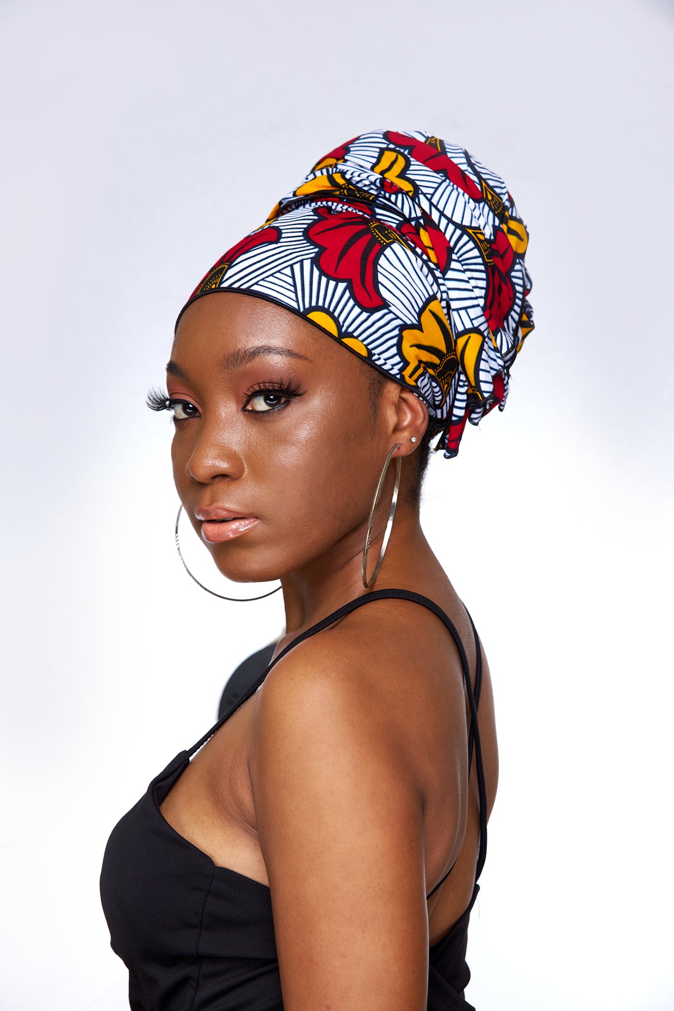 White Black Striped with Yellow,Red drawn Flowers Ankara High Cotton Print Fabric Detachable Silklined Headwrap