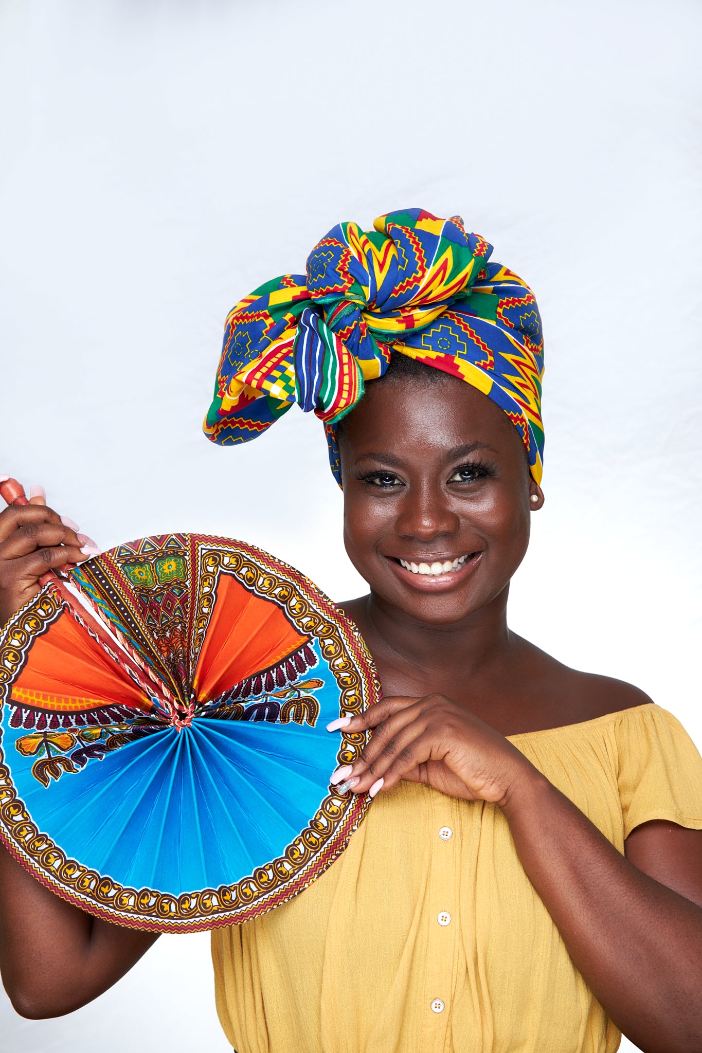 Ghanaian Kente High Quality Print with Blue, Red,Yellow, Green, Coloured Print Adinkira Designed Symbol Detachable Silklined Headwrap
