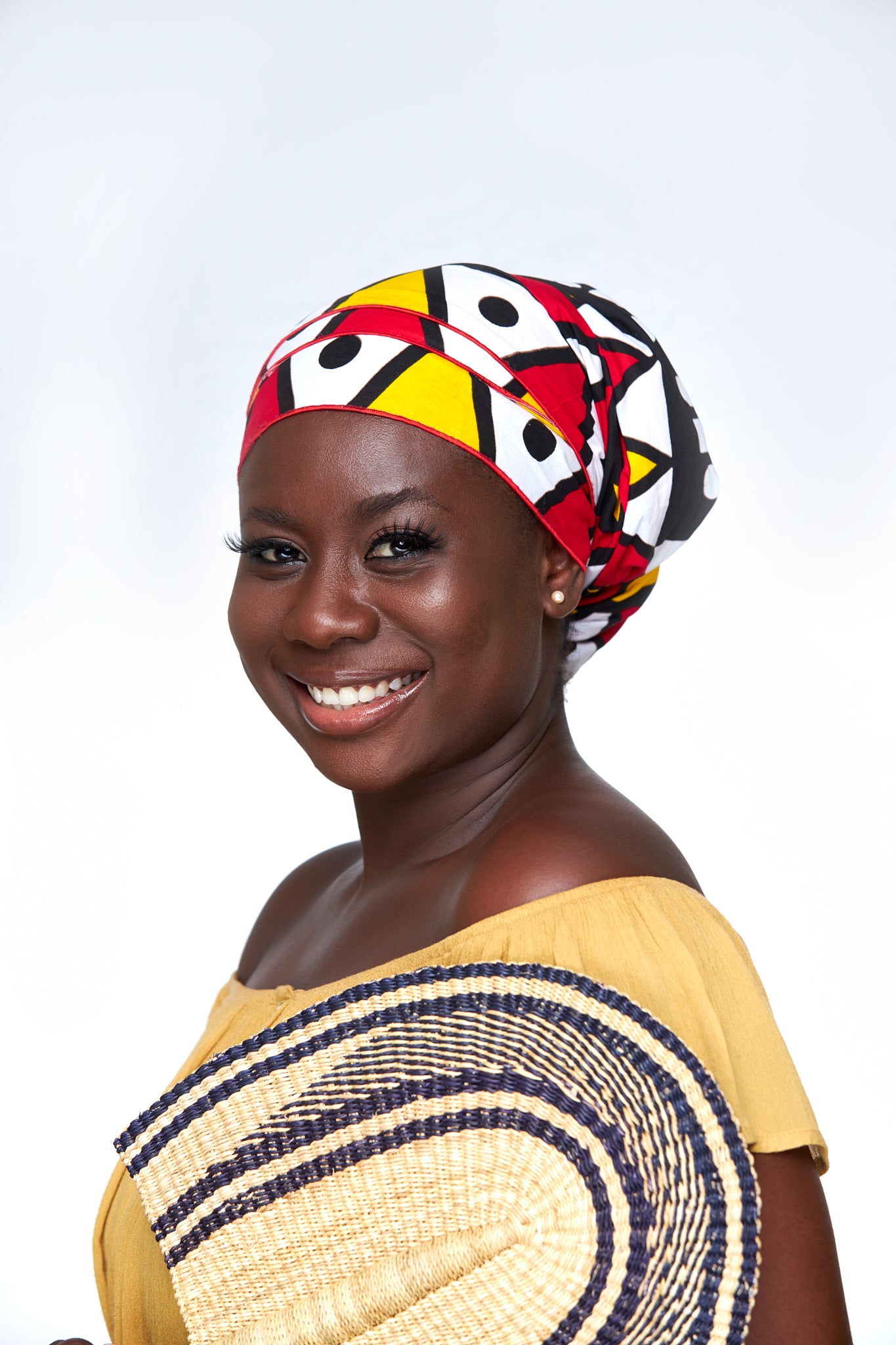 Beautiful Bogolan High Quality Cotton Print Fabric,Red,White, Yellow Black Coloured with Sketched Shape Imprint Designed Detachable Silklined Headwrap