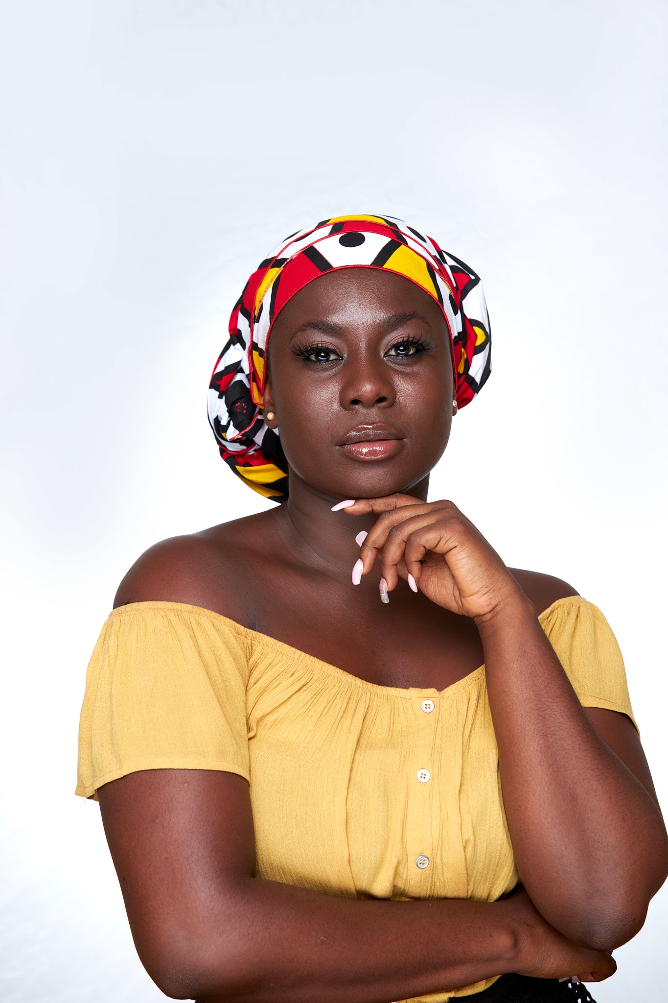 Beautiful Bogolan High Quality Cotton Print Fabric,Red,White, Yellow Black Coloured with Sketched Shape Imprint Designed Detachable Silklined Headwrap