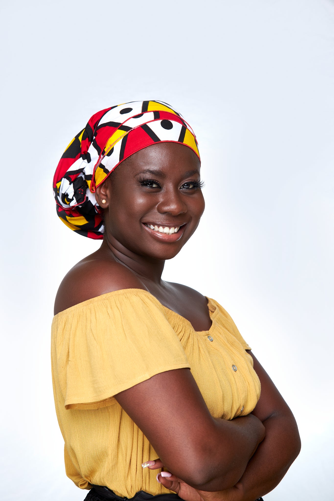 Beautiful Bogolan High Quality Cotton Print Fabric,Red,White, Yellow Black Coloured with Sketched Shape Imprint Designed Detachable Silklined Headwrap