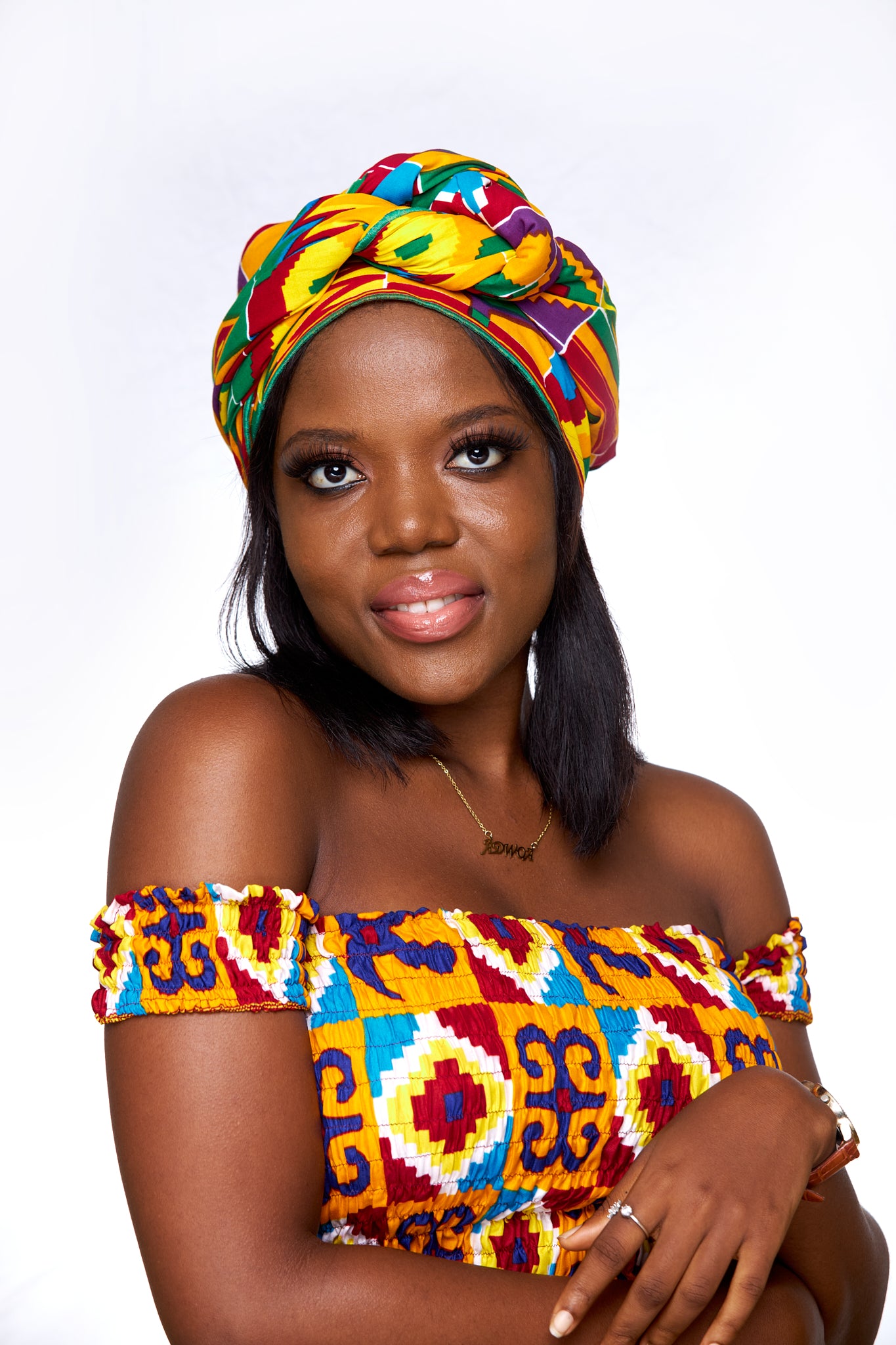 Ghanaian Quality Kente Cotton Wax Print, Coloured with Red,Seablue,Yellow,Green,abd White Art Print Detachable Silklined Headwrap