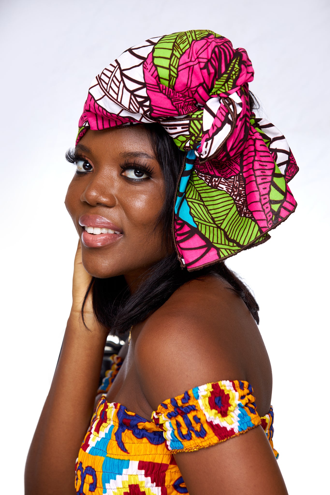 Beautiful Ankara High Quality Print,Pink, green,seablue coloured floral designed pattern fabric detachable silklined  Headwrap