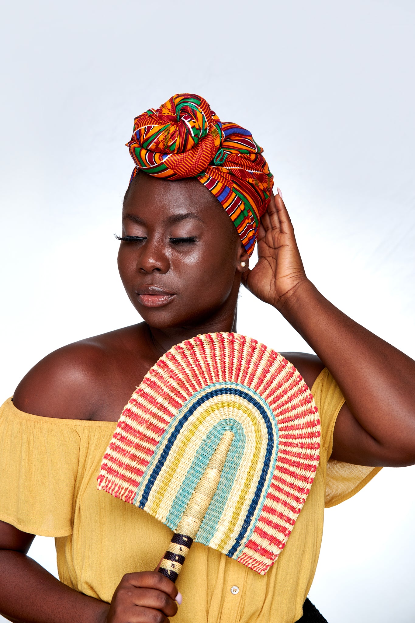 Ghanaian Kente High Quality,Red Yellow, Green Blue, Black Printed Detachable SilklinedHeadwrap