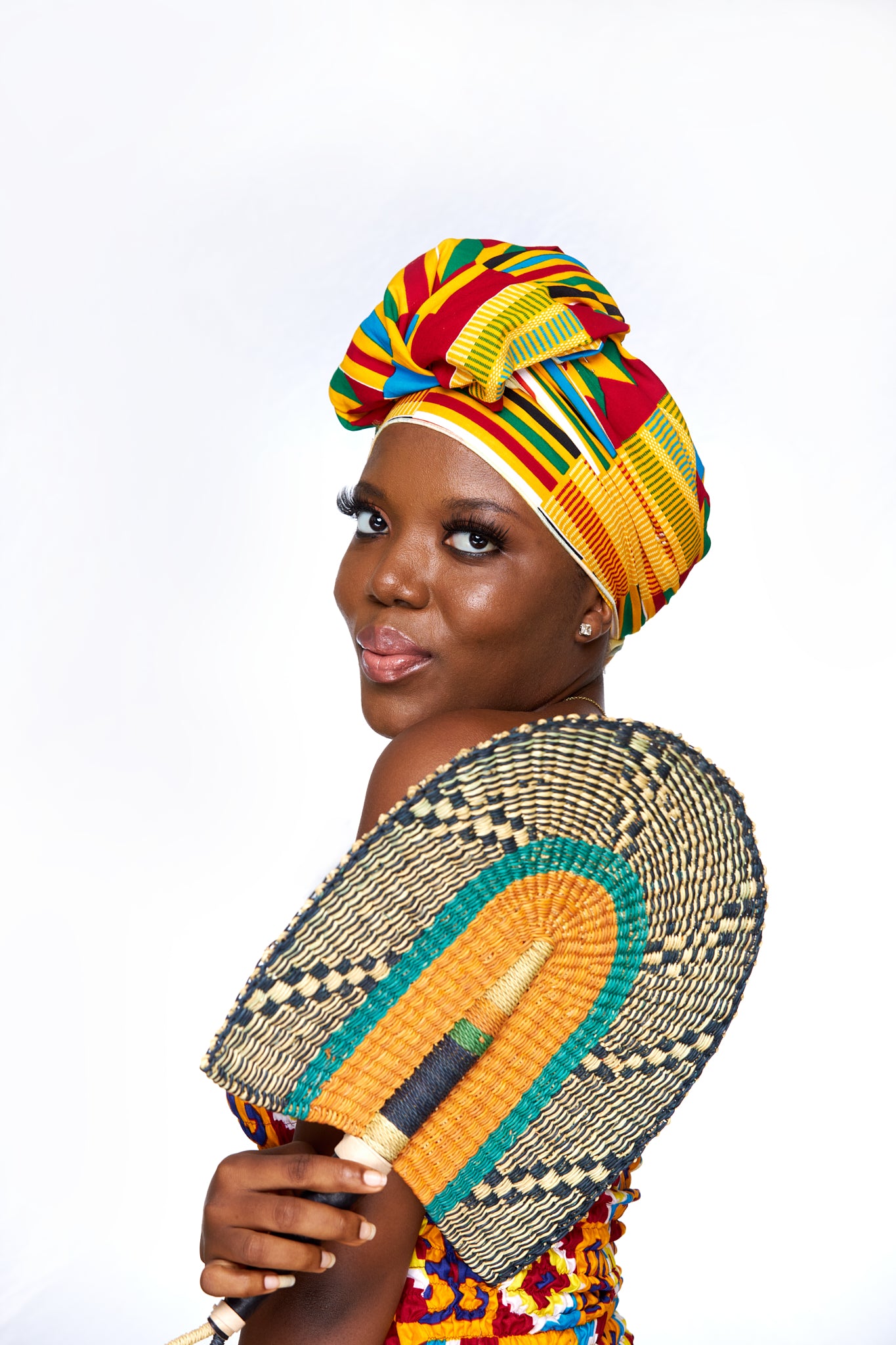 Ghanaian Kente Print, High Quality Red,White,Gold,Green,Black,Seablue Stripped Coloured Detachable Silklined Headwrap