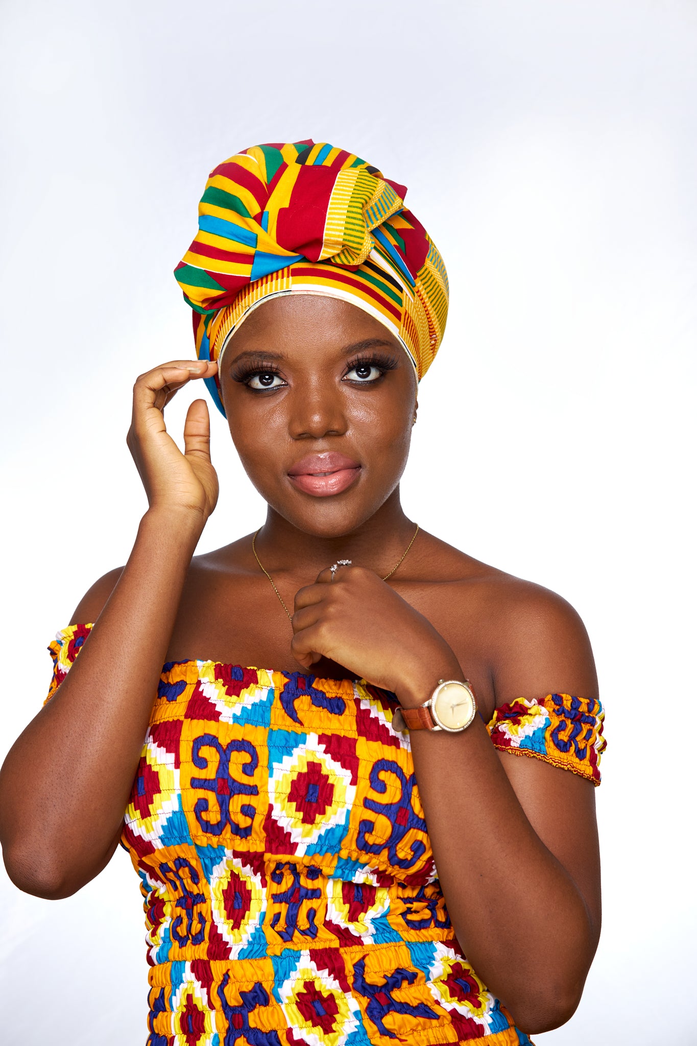 Ghanaian Kente Print, High Quality Red,White,Gold,Green,Black,Seablue Stripped Coloured Detachable Silklined Headwrap