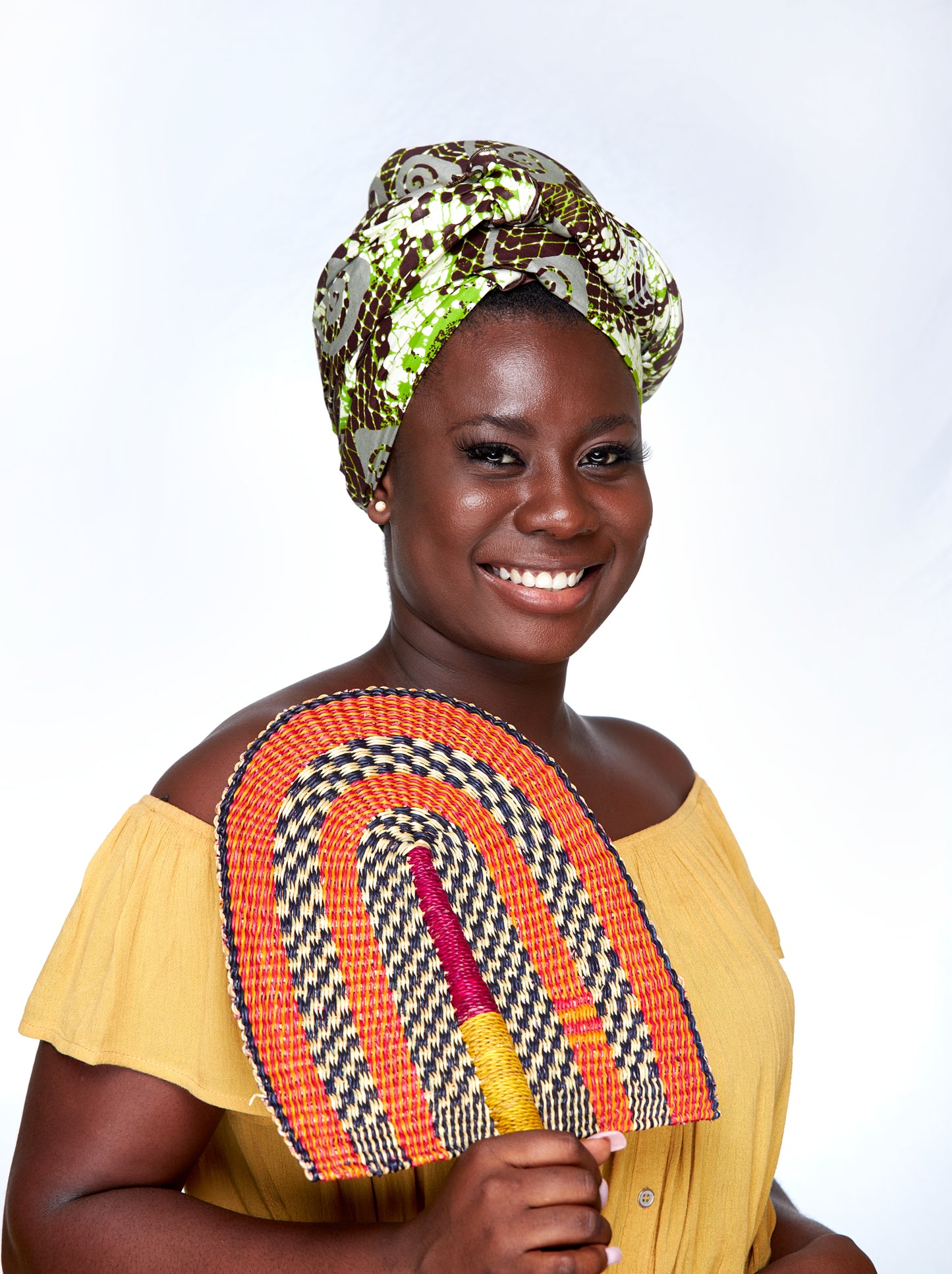 High Quality Bogolan Print made of Green, brown,ash white Beautiful Designed colours Detachable Silklined Headwrap