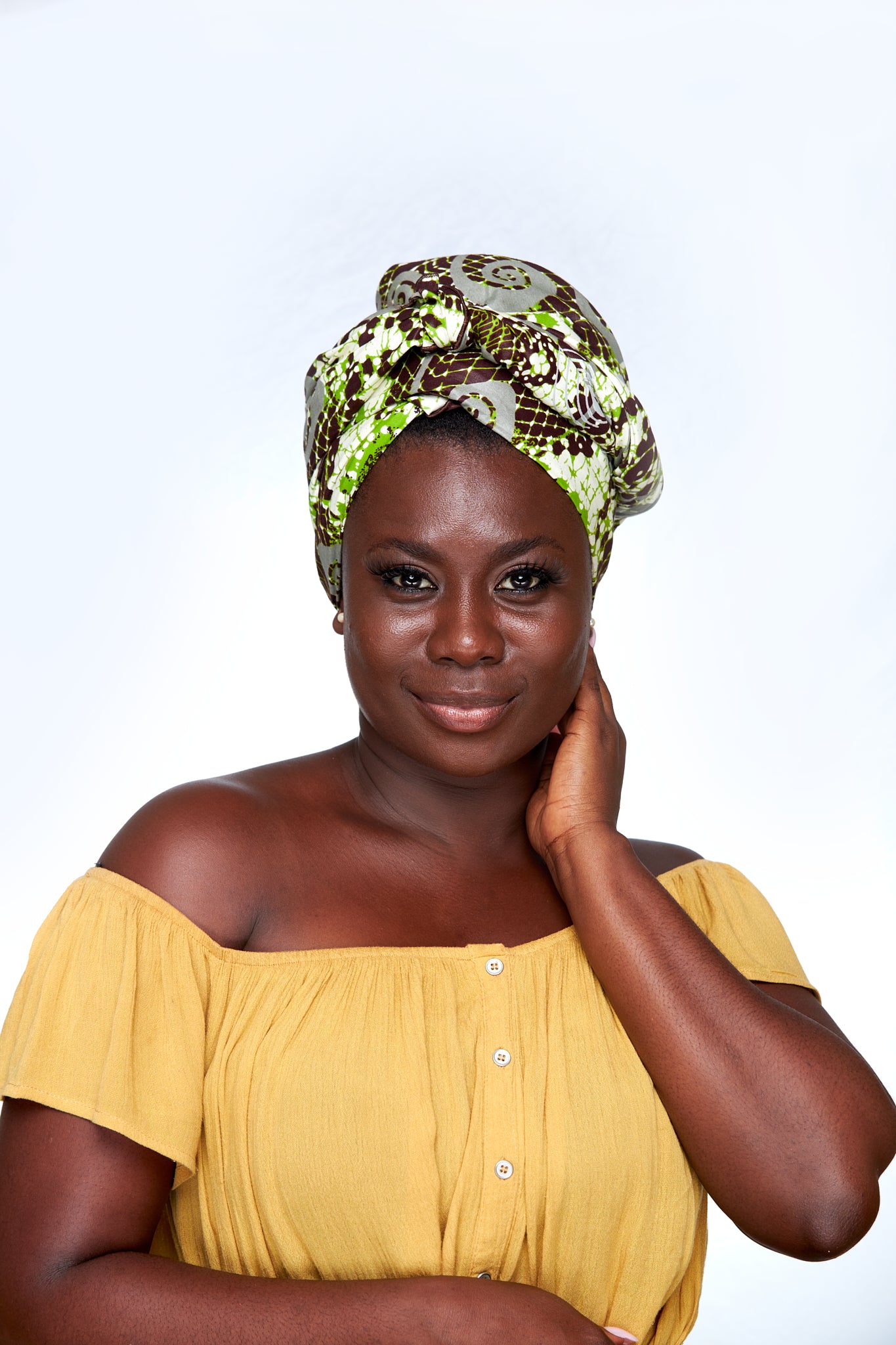 High Quality Bogolan Print made of Green, brown,ash white Beautiful Designed colours Detachable Silklined Headwrap