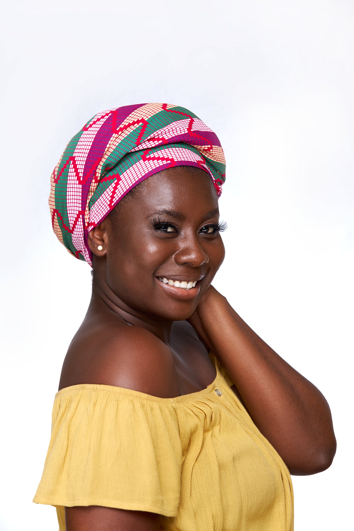Ghanaian High Quality Cotton Made Kente,Pink, White, Green,Gold Coloured Detachable Silklined Headwrap