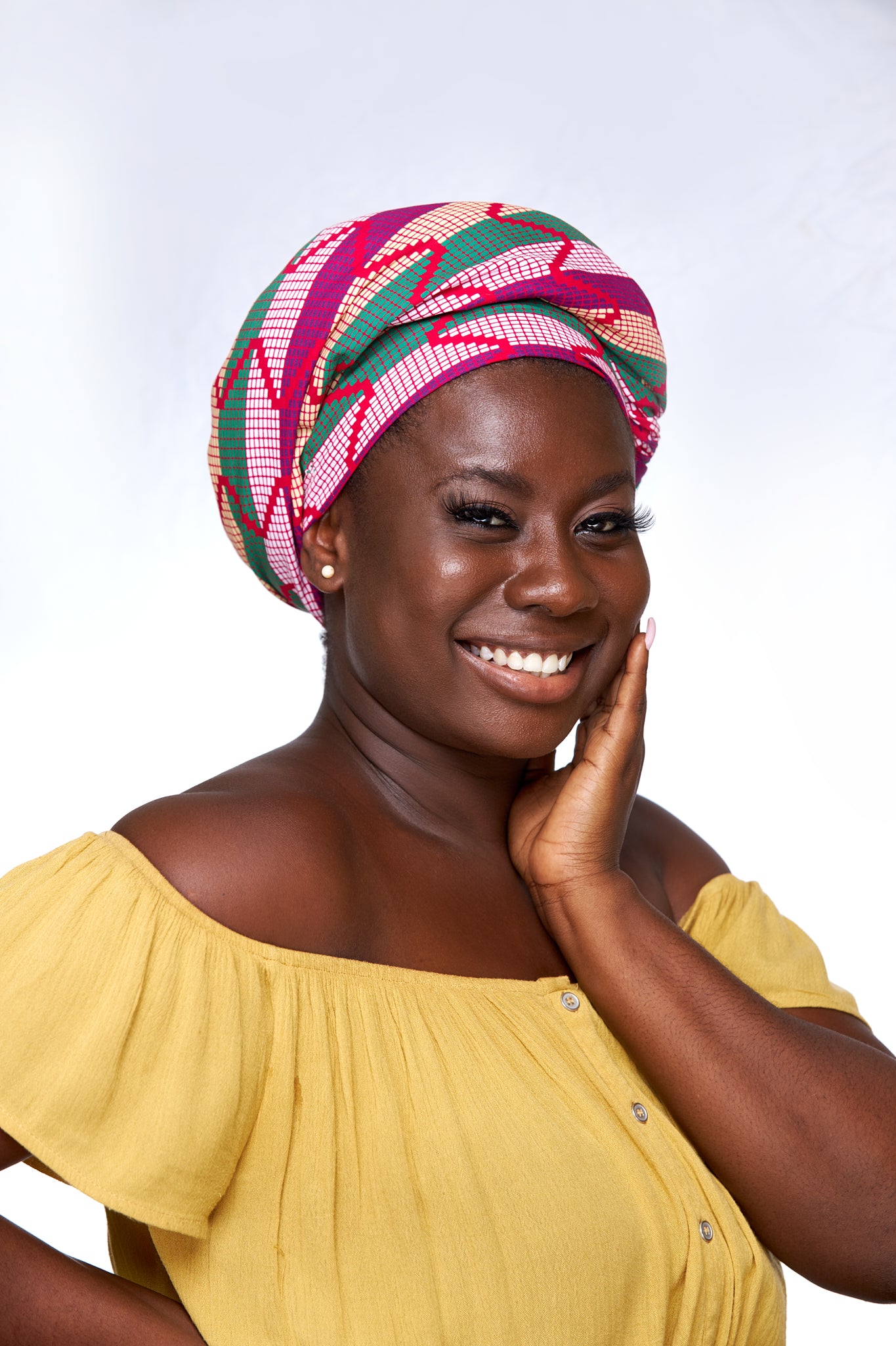 Ghanaian High Quality Cotton Made Kente,Pink, White, Green,Gold Coloured Detachable Silklined Headwrap