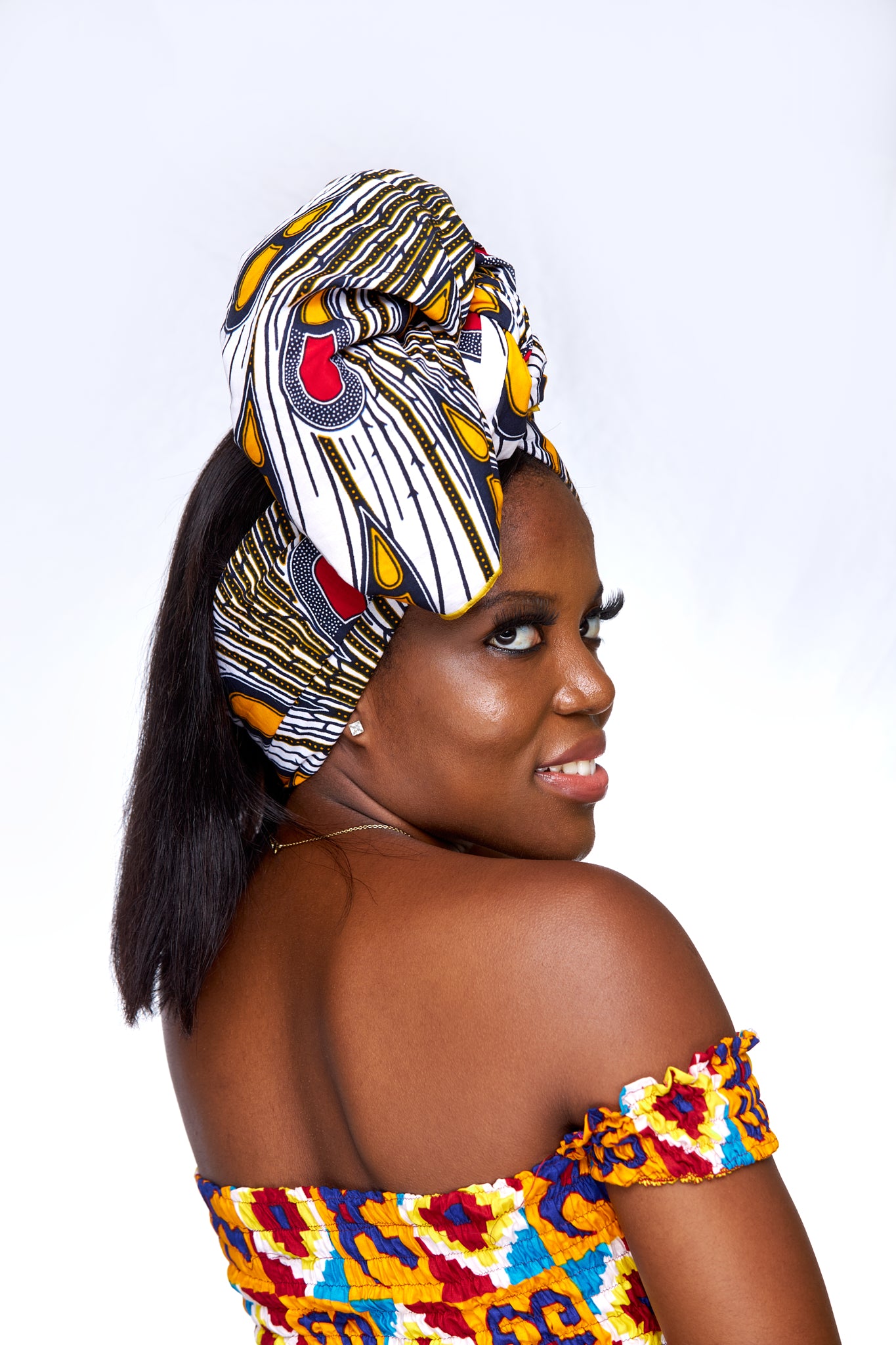 Quality Ankara Print, White, yellow, red and black peacock designed fabric Detachable SilklinedHeadwrap