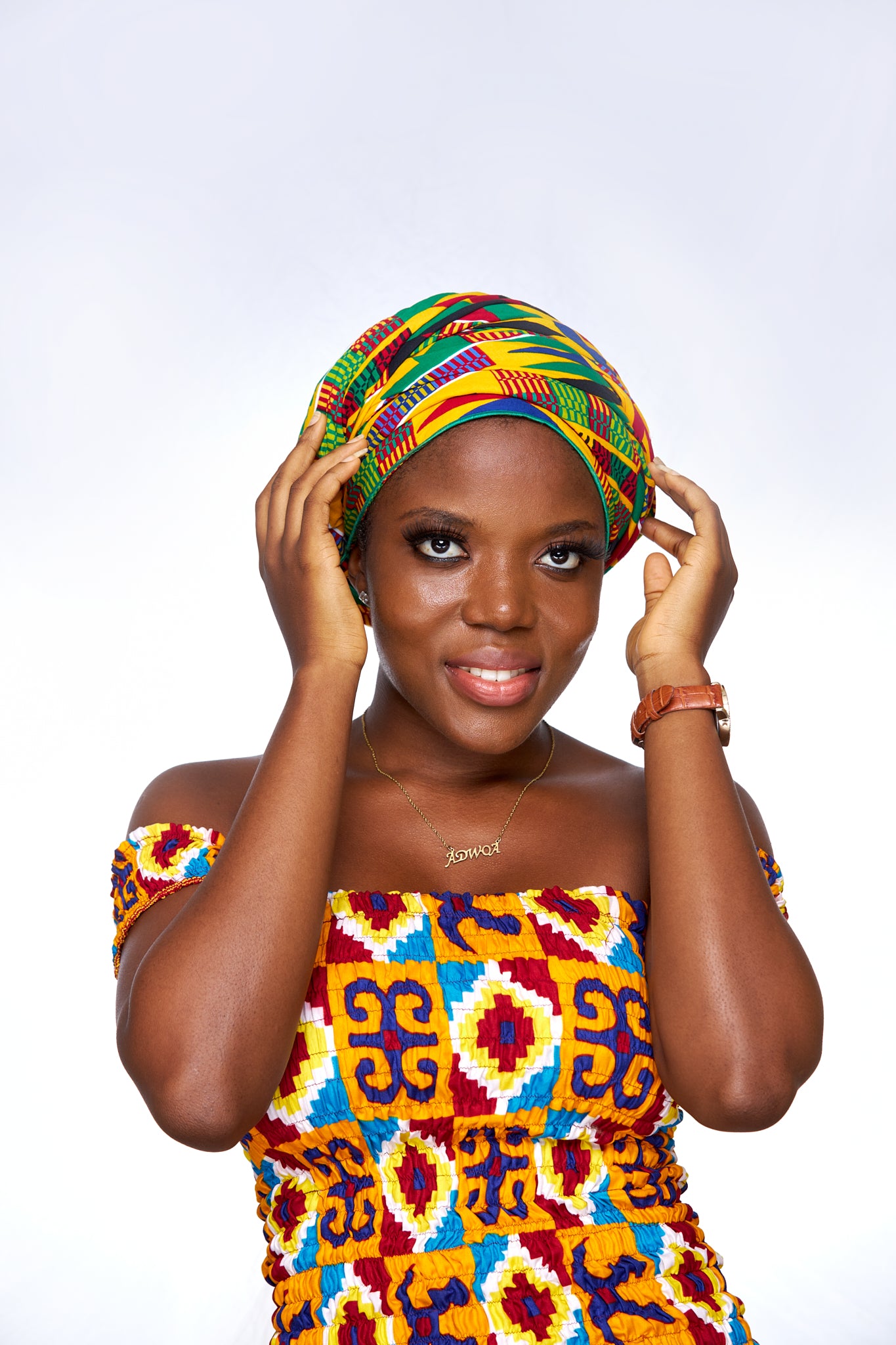 Red, Yellow,Green, Blue, Black White Stipped Ghanaian Kente Designed Cotton Print, Detachable Silklined Headwrap
