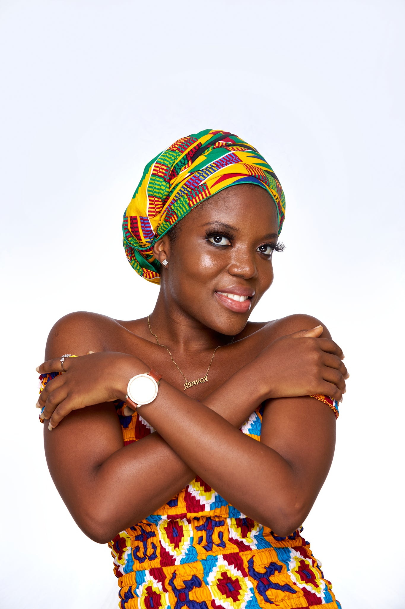 Red, Yellow,Green, Blue, Black White Stipped Ghanaian Kente Designed Cotton Print, Detachable Silklined Headwrap