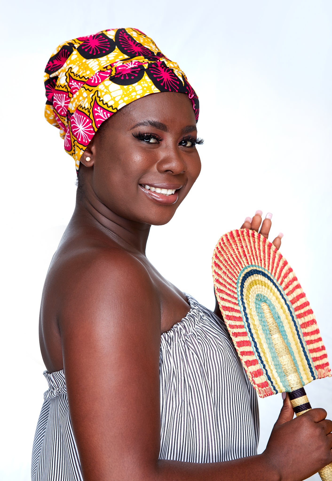 Ankara Wax Print Made of Gold, Pink and Black Blended Beautiful Colours And Pattern, Hand Made Elastic Silklined Bonnet With Band