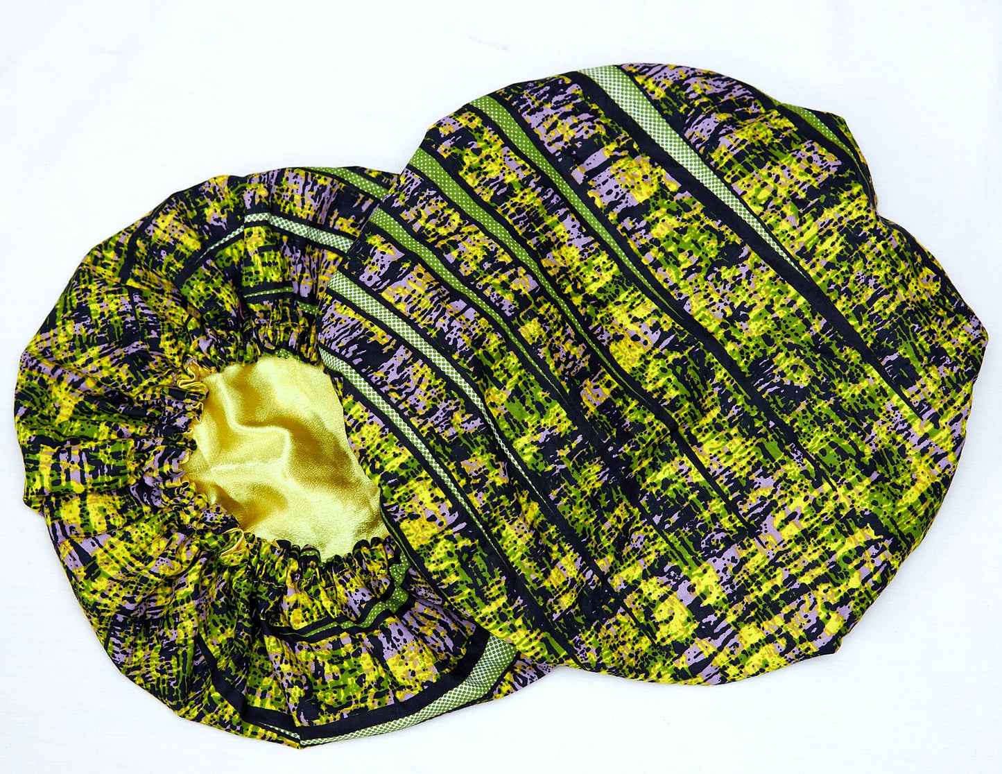 Green, Purple And Black Batik Fabric with Yellow Silk Lined Hair Bonnet