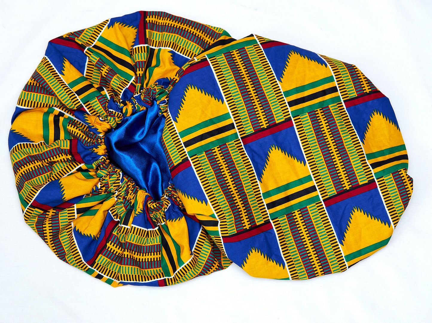 Yellow, Green, Red, black And Blue Kente Print With Blue Silk Lined Hair Bonnet