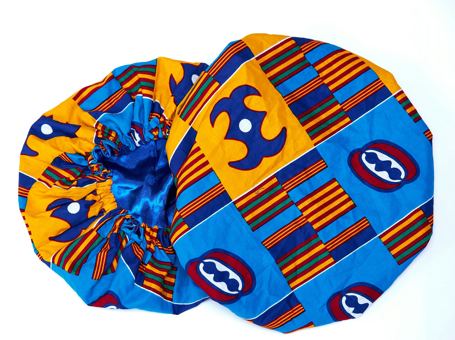 Ghanaian Kente Print Made of Blue, yellow, Black,Green and White Blended Beautiful Colours, Hand Made Elastic Silklined Bonnet With Band