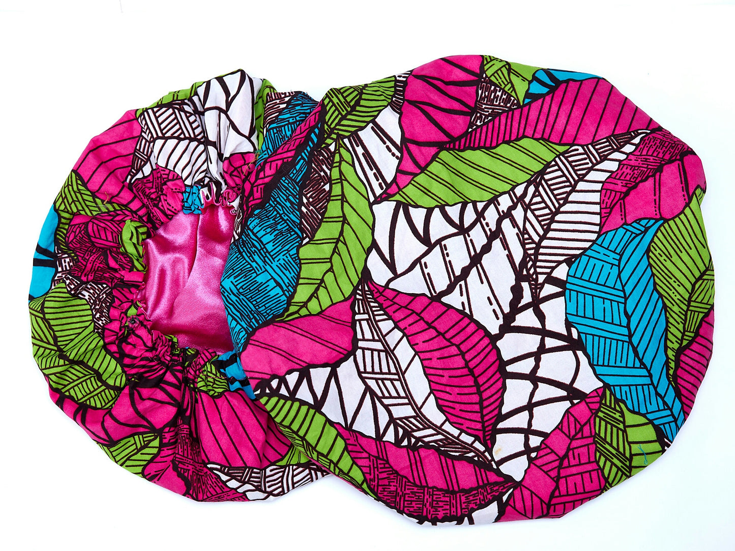 Ankara African Print Made of Pink,Green, White And Blue Blended Beautiful Colour, Hand Made Bonnet With Band